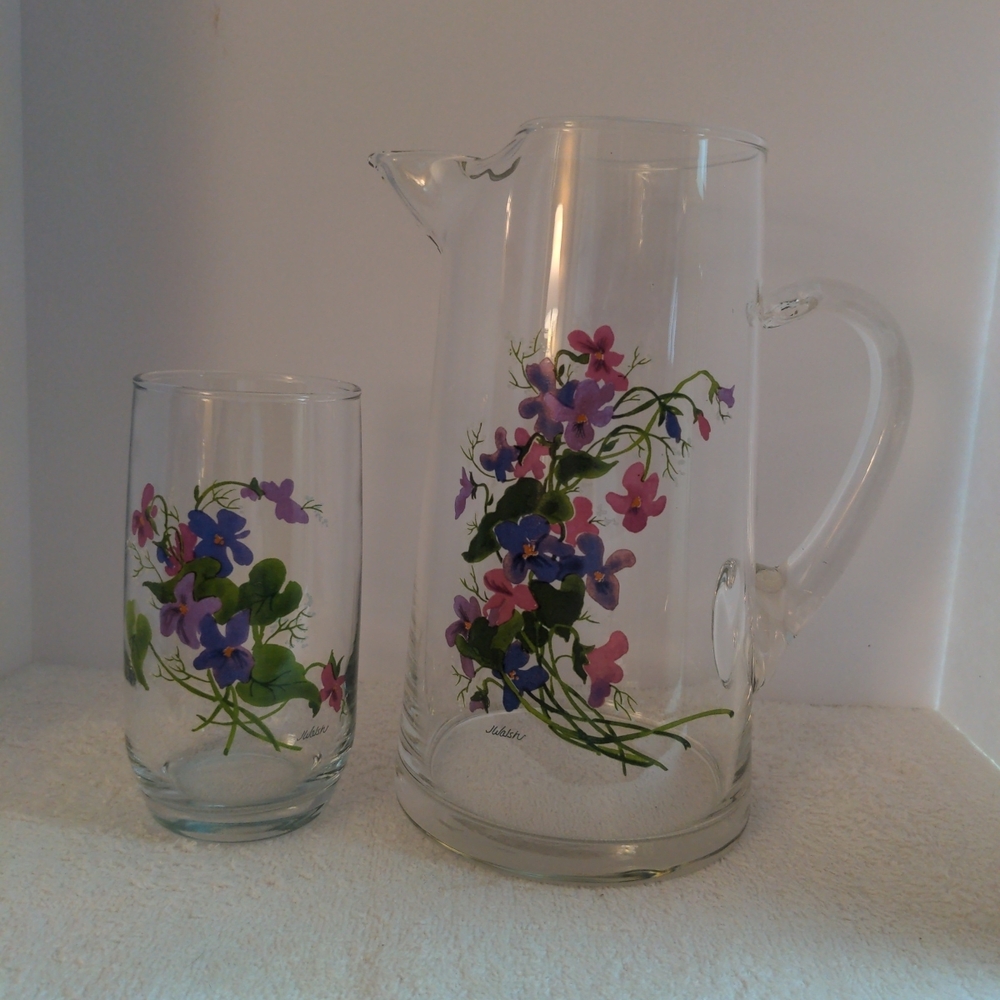 Floral Glass Pitcher and Tumbler Set